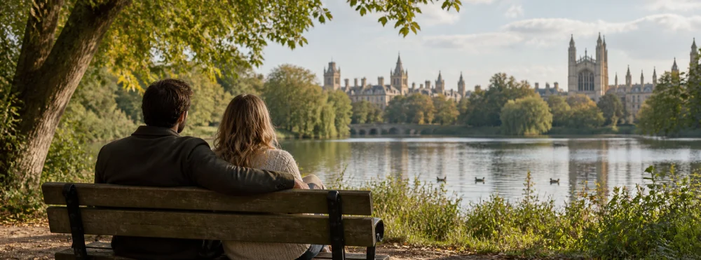 Illustrative couple sitting on a park bench overlooking a lake