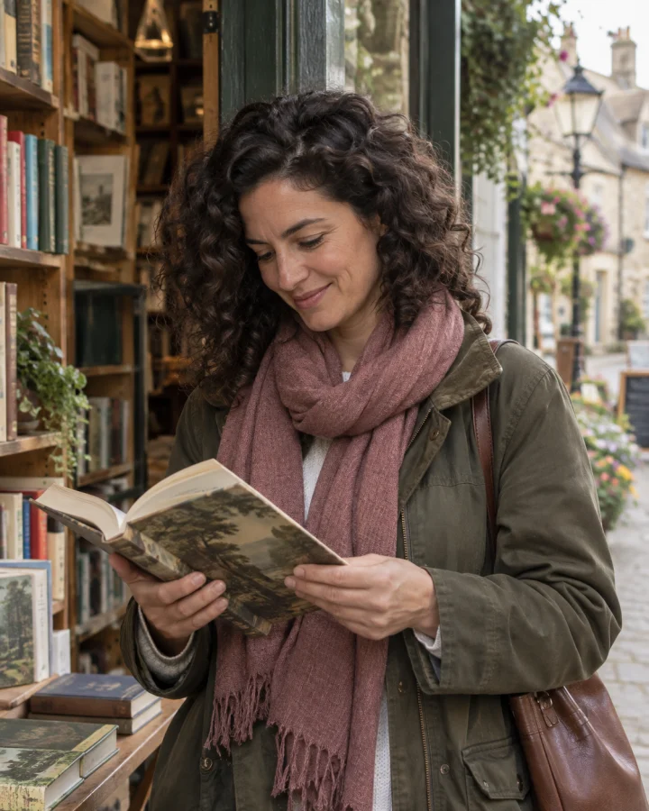 Illustrative woman browsing a book in a bookshop