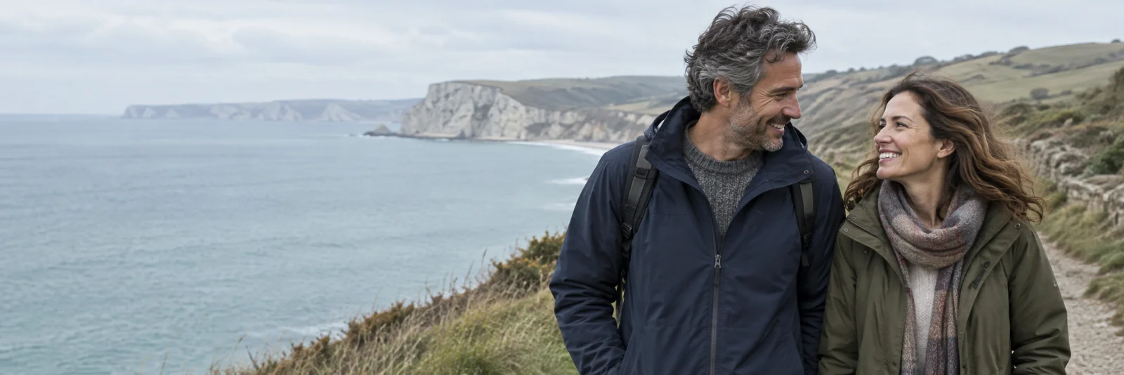 Illustrative couple enjoying a walk beside the British coast