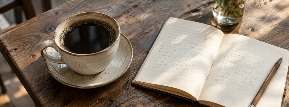 Coffee beside an open notebook on a café table