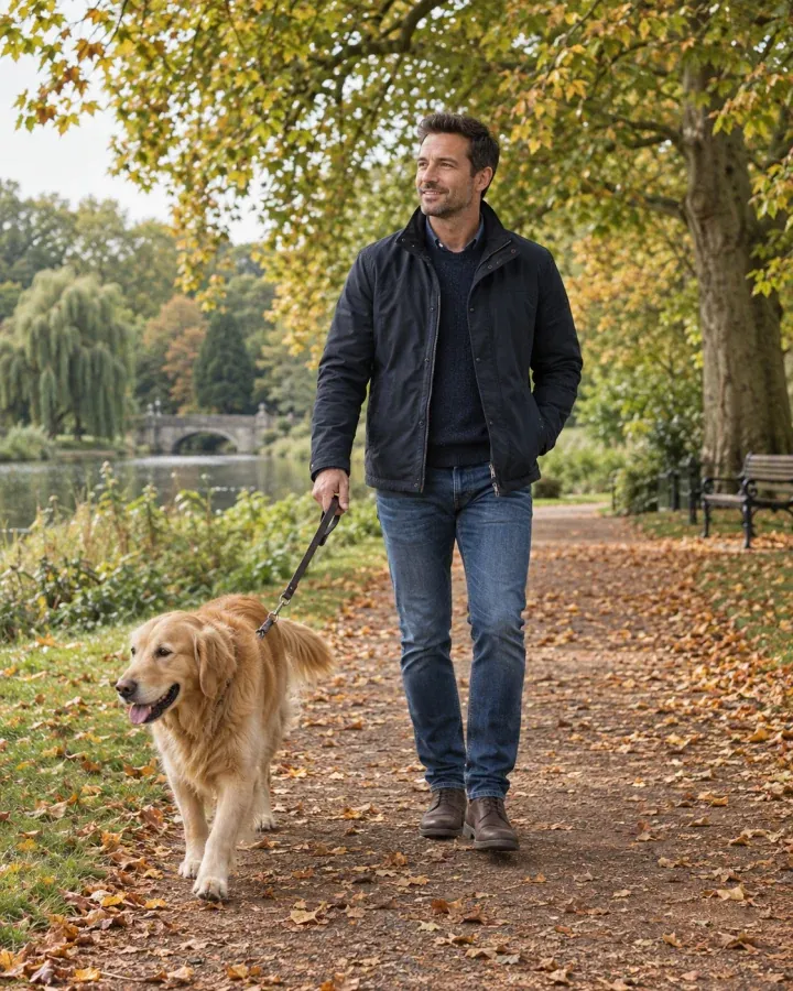 Illustrative man walking a golden retriever through a leafy park