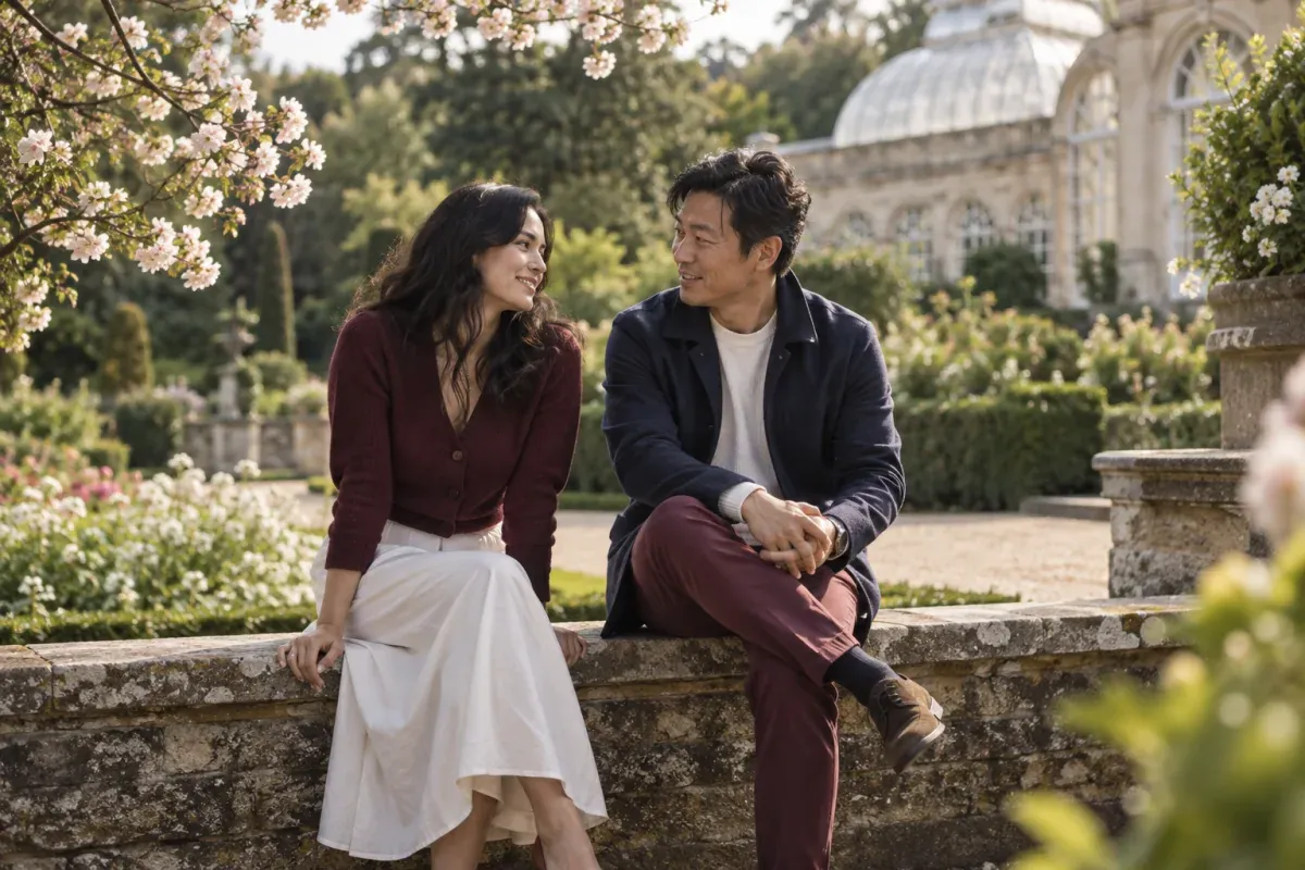 Two adults sitting together in a botanical garden