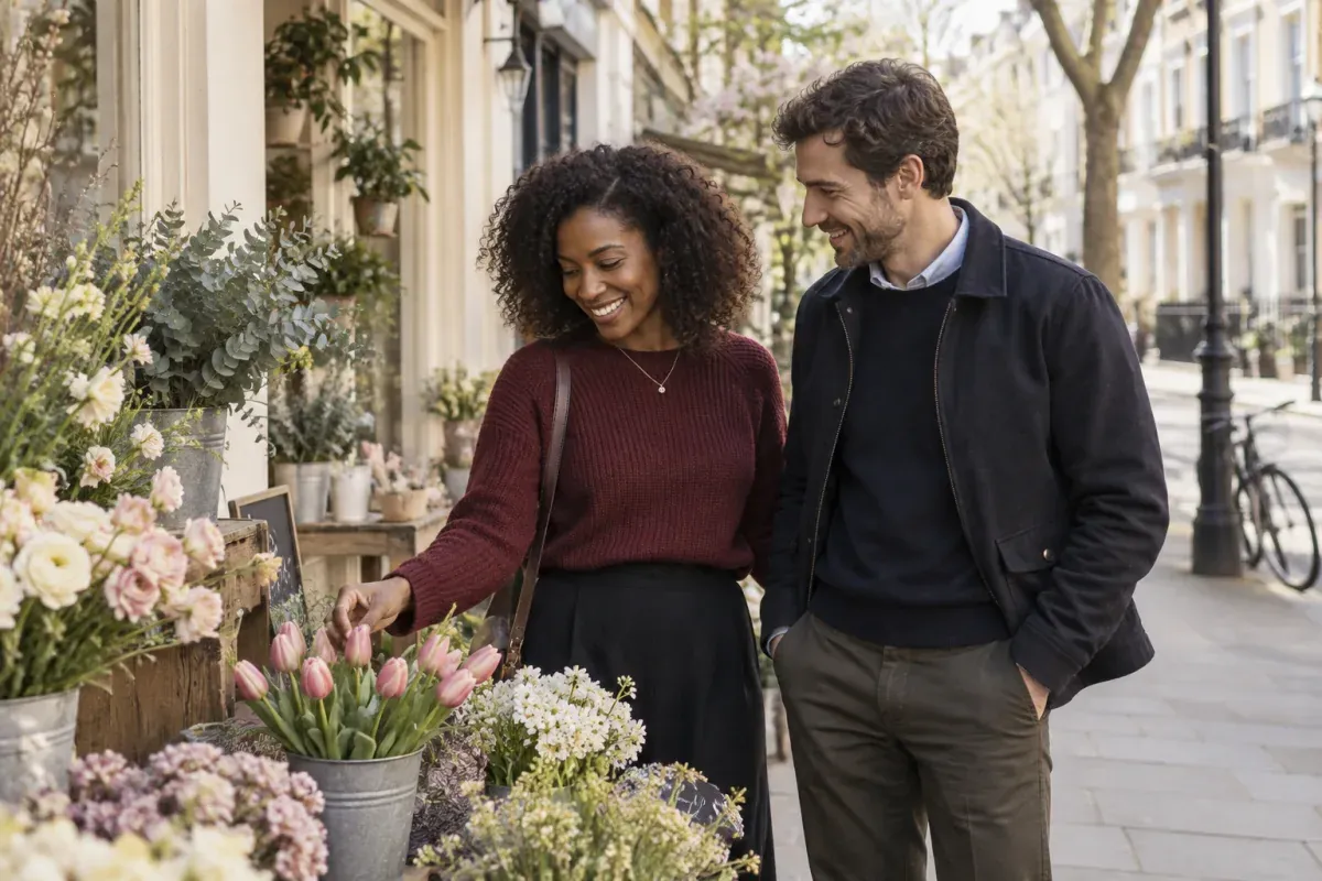 Two adults chatting beside a flower stall on a London neighbourhood street